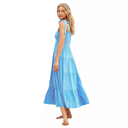 Women's midi dress – Tie straps – Smocked bodice – Flared skirt with ruffles
