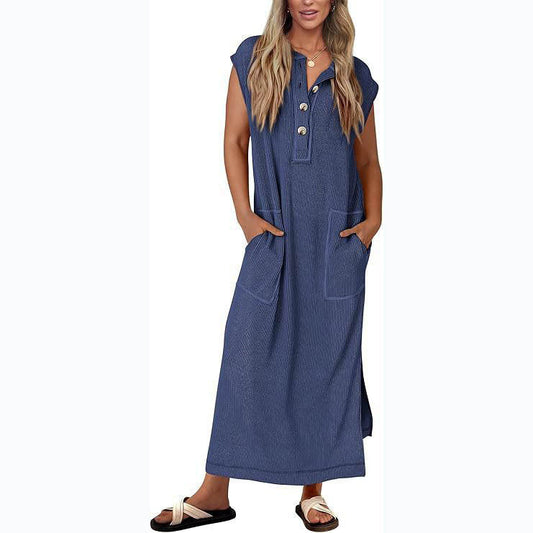 Robe longue femme – Coupe ample – Boutonnée devant – Manches courtes – Poches latérales
