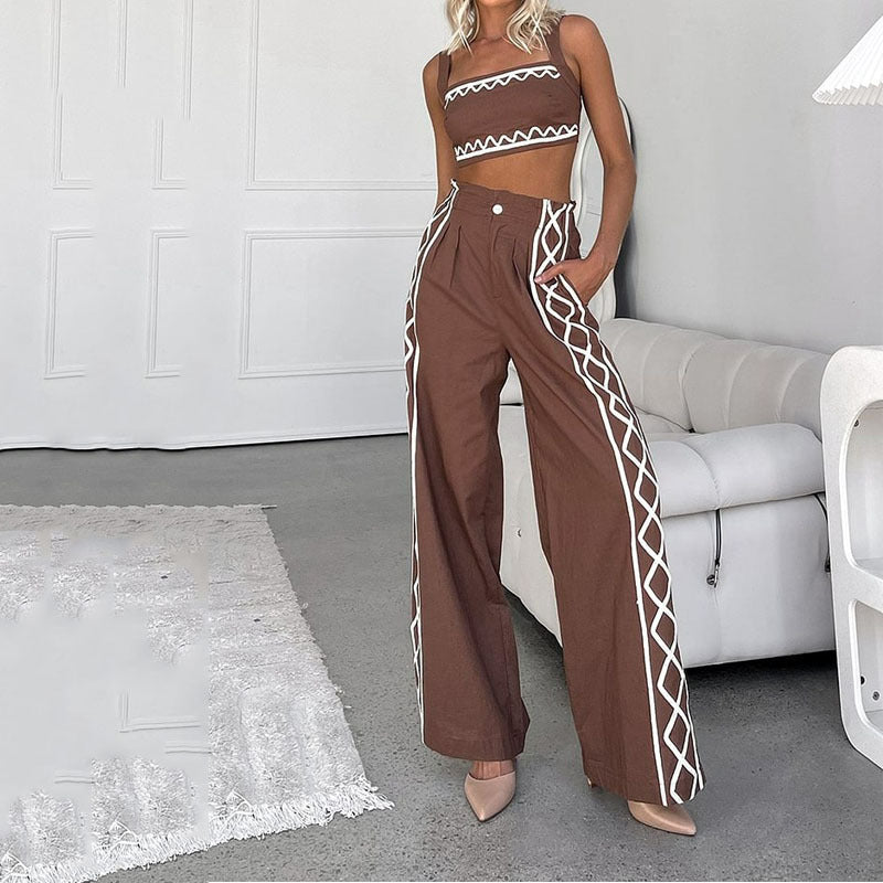 Ensemble Femme Deux Pièces – Top Asymétrique Épaules Dénudées – Pantalon Large Taille Haute Imprimé