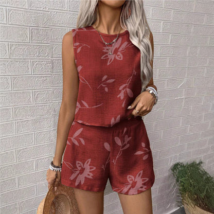 Women's Two-Piece Set – Relaxed Fit – Sleeveless – Breathable Floral Fabric