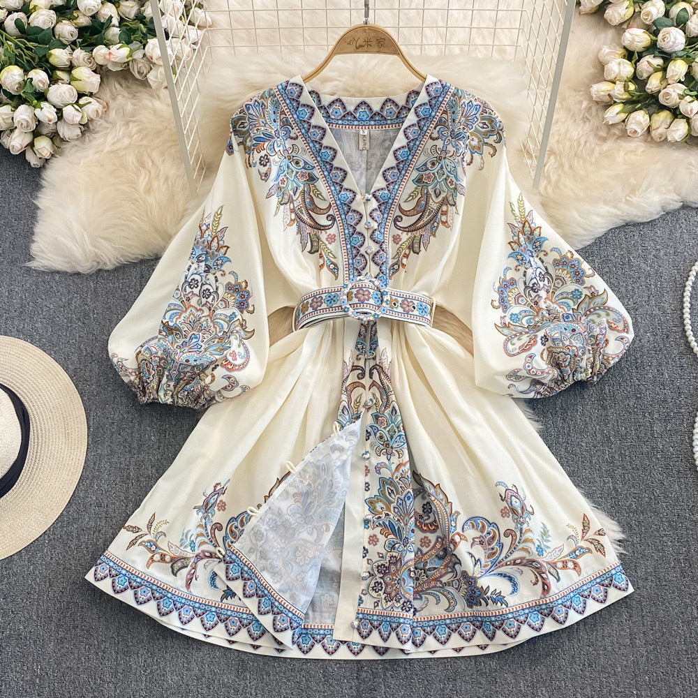 Women's Long Dress – Flowing Cut – Breathable Fabric – Tie Belt – Puff Sleeves