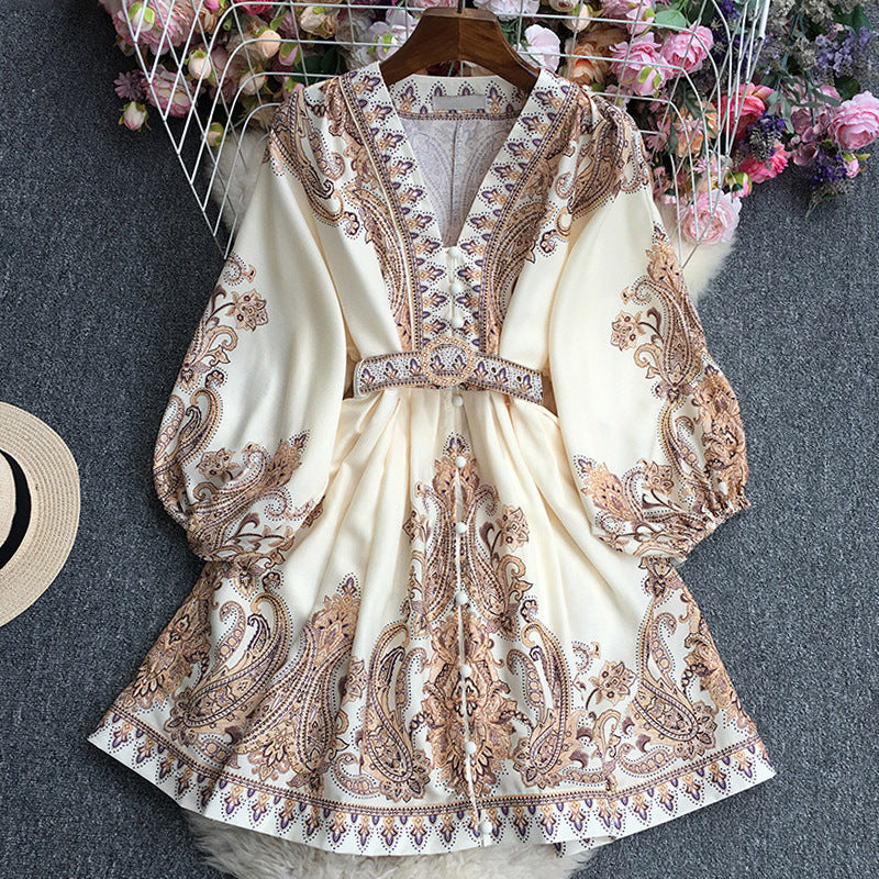 Women's Long Dress – Flowing Cut – Breathable Fabric – Tie Belt – Puff Sleeves