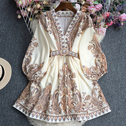 Women's Long Dress – Flowing Cut – Breathable Fabric – Tie Belt – Puff Sleeves