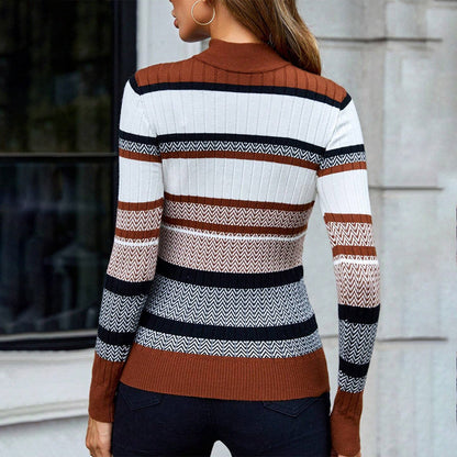 Pull Femme – Coupe Ajustée – Maille Côtelée Douce – Col Semi-Montant – Motifs Rayés