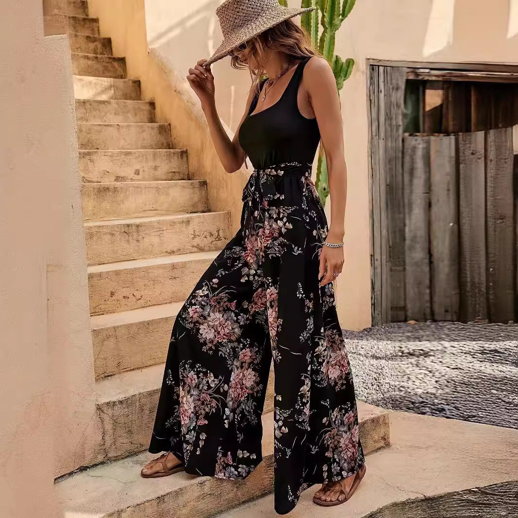 Women's jumpsuit – Floral – Loose fit – Sleeveless – Belted waist – Long