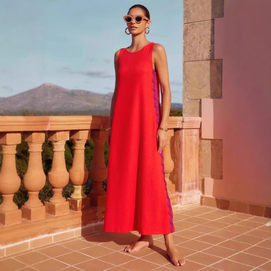 Robe sans manches femme – Coupe fluide – Longueur midi – Tissu respirant – Col rond