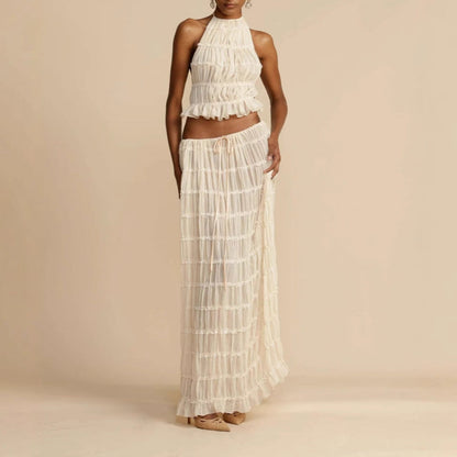 Women's Two-Piece Set – Ruched Halter Top – Long Skirt Elastic Waist – Breathable Fabric