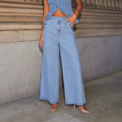 Gilet en jean femme – Coupe cintrée – Sans manches – Boutons métalliques – Longueur taille