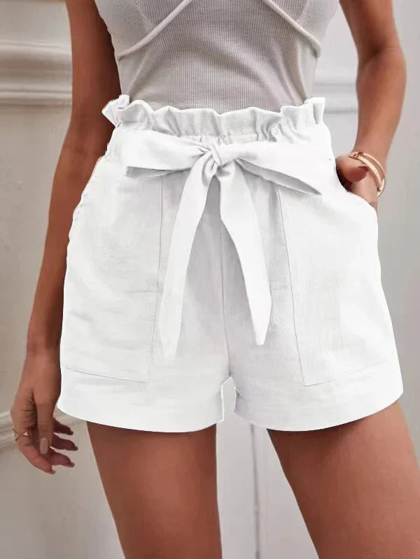 Short for women – Lightweight linen – High waist – Loose fit – Tied belt