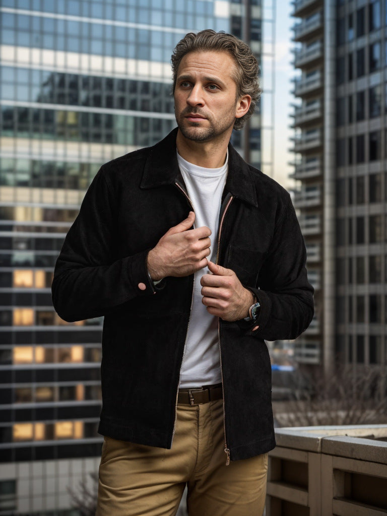 Veste homme – Coupe slim – Suédine – Col montant – Fermeture zippée – Style décontracté