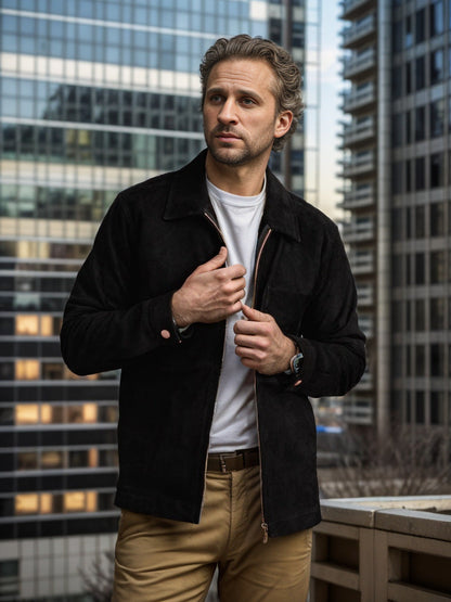 Veste homme – Coupe slim – Suédine – Col montant – Fermeture zippée – Style décontracté