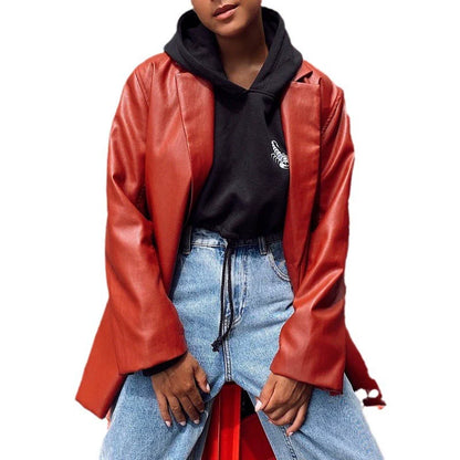 Veste blazer femme – Coupe oversize – Effet cuir lisse – Longueur mi-cuisses – Manches longues