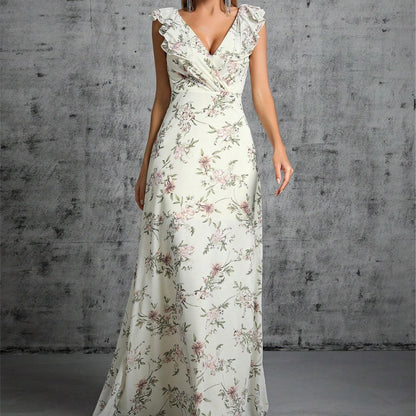 Robe longue femme – Décolleté cache-cœur – Détail volanté – Imprimé floral fluide
