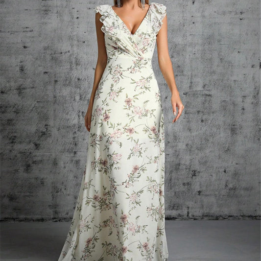 Robe longue femme – Décolleté cache-cœur – Détail volanté – Imprimé floral fluide