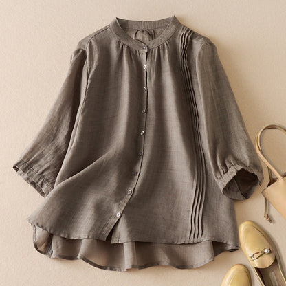 Chemise Femme à Manches Mi-Longues – Coupe Décontractée – Col Montant – Fibres Naturelles