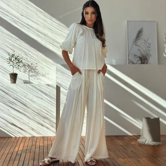 Women's Two-Piece Set – Loose Long-Sleeve T-Shirt Back Knot – Wide Pants Elastic Waistband