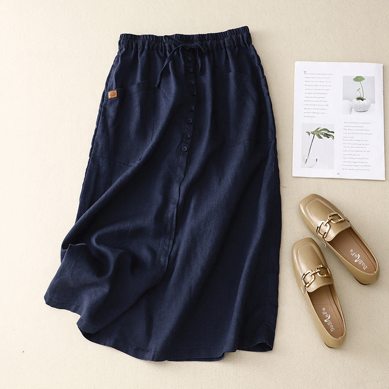 Women's mid-length skirt – Flared cut – Natural fibers – Drawstring waist – Pockets
