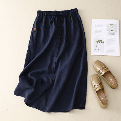 Women's mid-length skirt – Flared cut – Natural fibers – Drawstring waist – Pockets