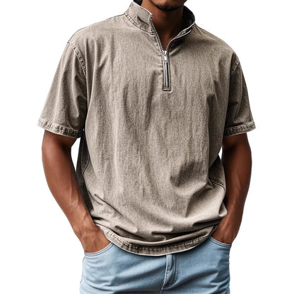 Men's short-sleeve shirt – Slim fit – Stand-up collar – Zip closure – Breathable fabric