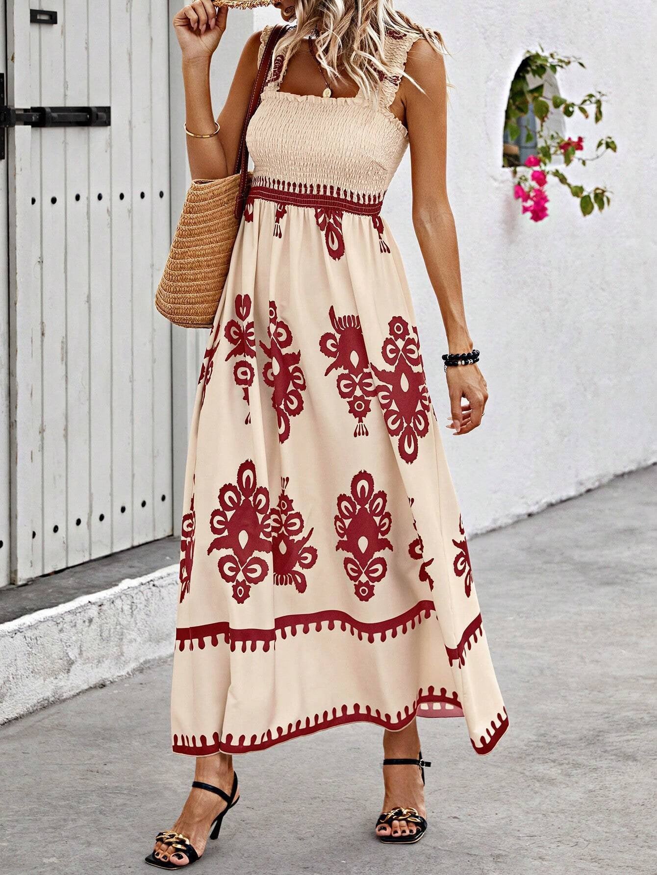 Robe longue femme – Bustier smocké – Bretelles larges – Coupe fluide imprimée