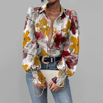 Chemise femme – Coupe oversize – Manches bouffantes – Imprimé fleuri – Poignets smockés