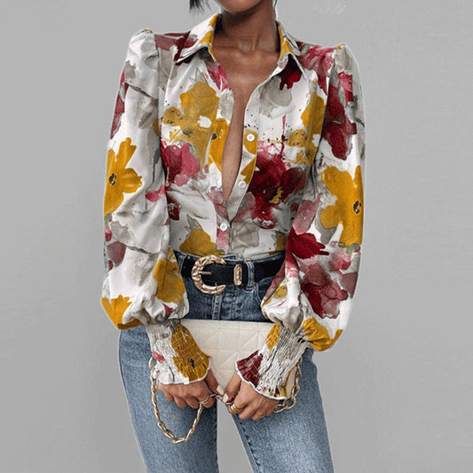 Chemise femme – Coupe oversize – Manches bouffantes – Imprimé fleuri – Poignets smockés