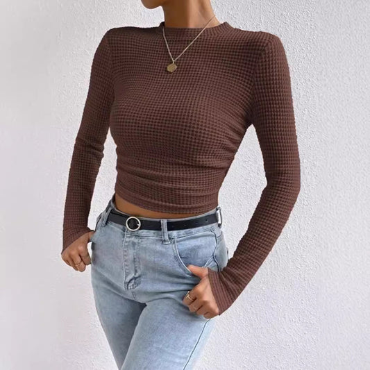 Top court femme – Manches longues – Coupe slim – Maille texturée – Fronces taille