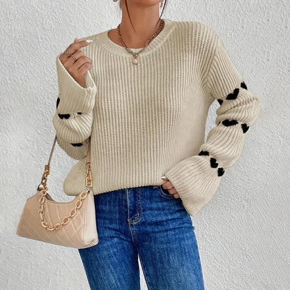 Pull femme – Coupe ample – Maille douce – Manches évasées – Motifs cœur