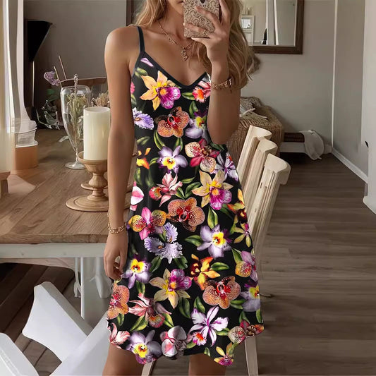 Robe courte femme – Coupe évasée – Bretelles fines – Décolleté en V – Imprimé fleuri