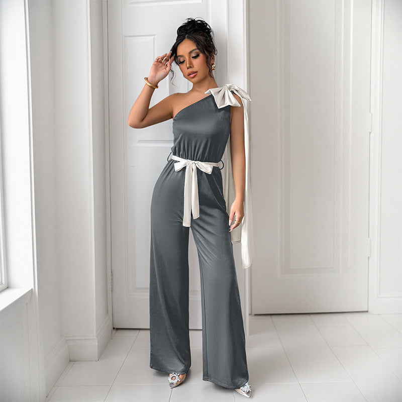 Women's jumpsuit – Fitted cut – Fluid satin – Off-the-shoulder with elegant bow