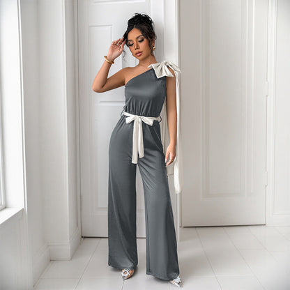 Women's jumpsuit – Fitted cut – Fluid satin – Off-the-shoulder with elegant bow
