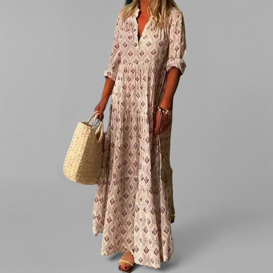 Robe longue femme – Coupe fluide – Tissu léger – Imprimé vintage – Col en V – Manches 3/4