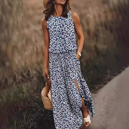 Women's long dress – Floral print – Sleeveless – Loose fit – Slits – Pockets