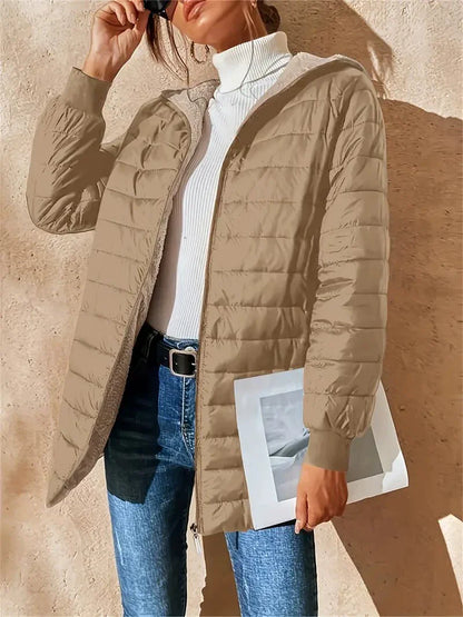 Women's Coat - Woven Fabric - Hood - Mid-Thigh Length