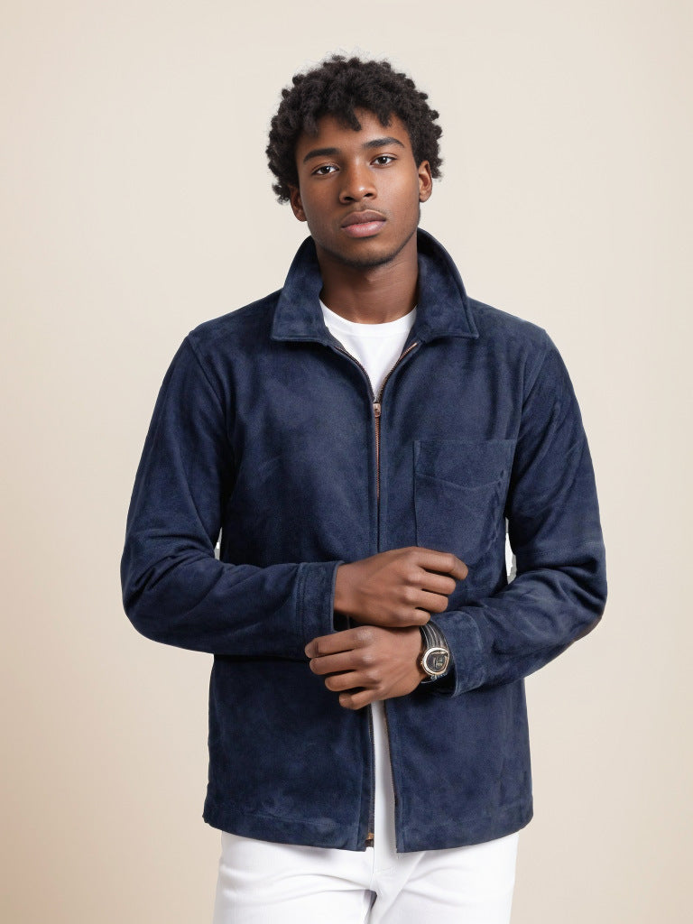 Veste homme – Coupe slim – Suédine – Col montant – Fermeture zippée – Style décontracté