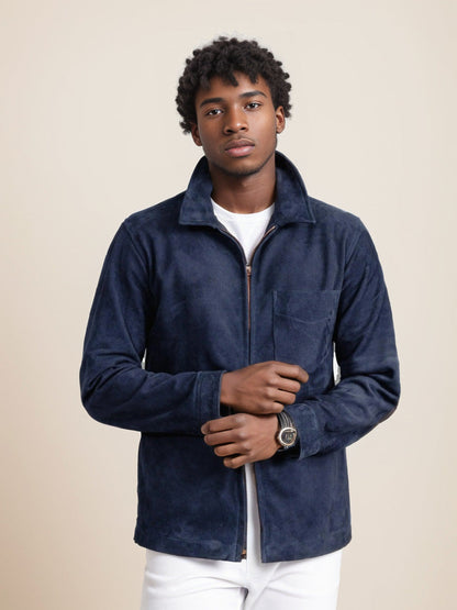 Veste homme – Coupe slim – Suédine – Col montant – Fermeture zippée – Style décontracté