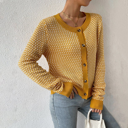 Cardigan femme – Maille douce – Coupe décontractée – Boutons – Motif géométrique