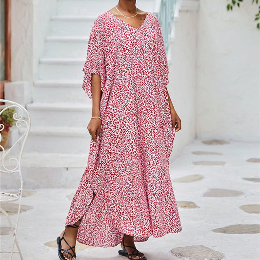Women's caftan dress – Loose fit – Breathable fabric – Animal print – Wide sleeves