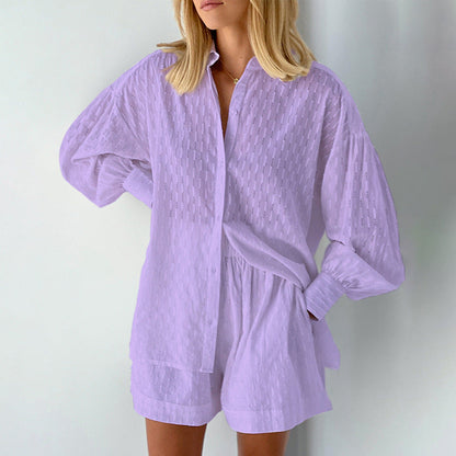 Women's Set Blouse and Shorts – Loose Fit – Textured Fabric – Puff Sleeves