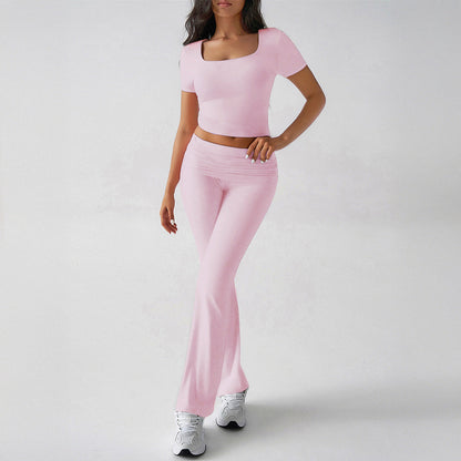 Women's Two-Piece Set – Fitted Crop Top Square Neck – High-Waisted Flared Pants