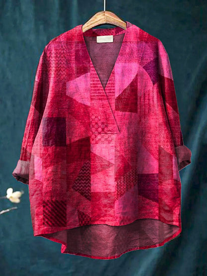 Chemise femme à manches longues – Coupe ample – Col V – Imprimé digital – Tissu respirant