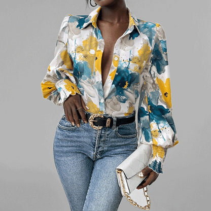 Chemise femme – Coupe oversize – Manches bouffantes – Imprimé fleuri – Poignets smockés