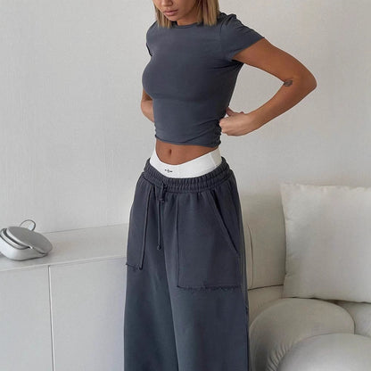 Pantalon de survêtement femme – Coupe large décontractée – Tissu doux respirant – Poches plaquées
