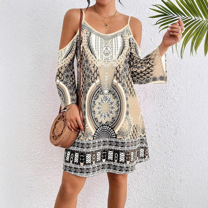 Women's Midi Dress – Bare Shoulders – Mid-length Sleeves – Breathable Fabric – Fluid Cut