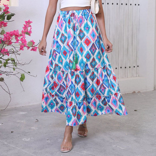 Long women's skirt – Flowing cut – Drawstring waist – Ruffles – Bohemian motifs