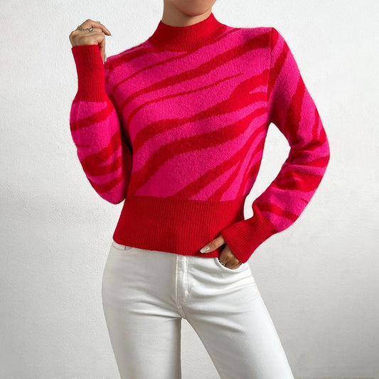 Pull femme – Maille douce – Coupe régulière – Motif zébré – Col semi-montant