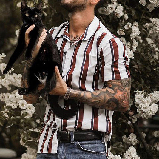 Men's Short Sleeve Cardigan – Slim Fit – Vertical Stripes – Lapel Collar – Breathable Fabric