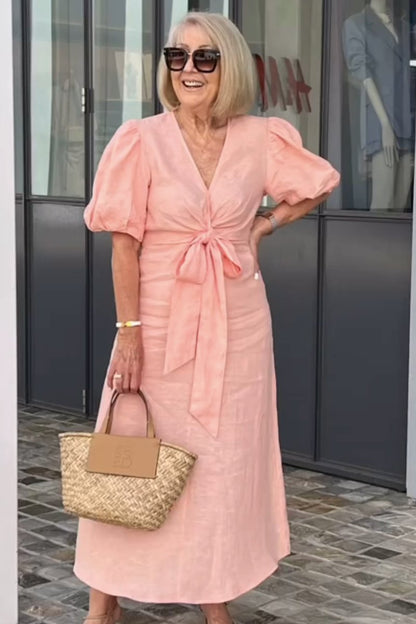 Women's Midi Dress – Natural Fibers – Puff Sleeves – Tied Waist – V-Neck