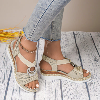 Women's wedge sandals – Open toe – Ankle strap – Natural fibers