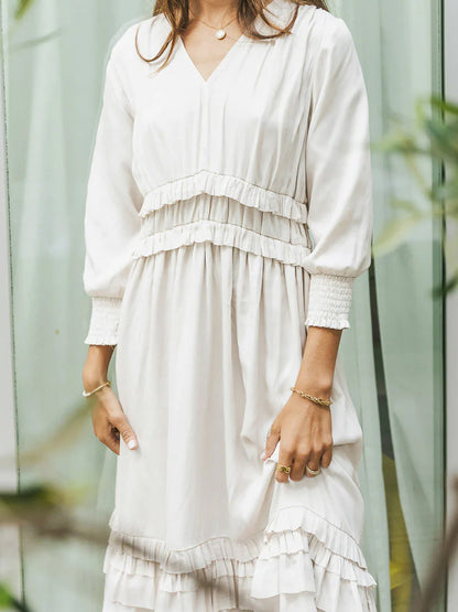 Robe midi femme – Coupe décontractée – Col en V – Volants – Manches longues